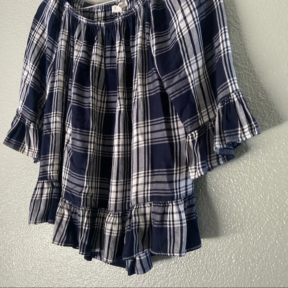Plaid Tartan Blouse Off the Shoulder Size Medium Fall Spring BEACHLUNCHLOUNGE - Picture 4 of 11